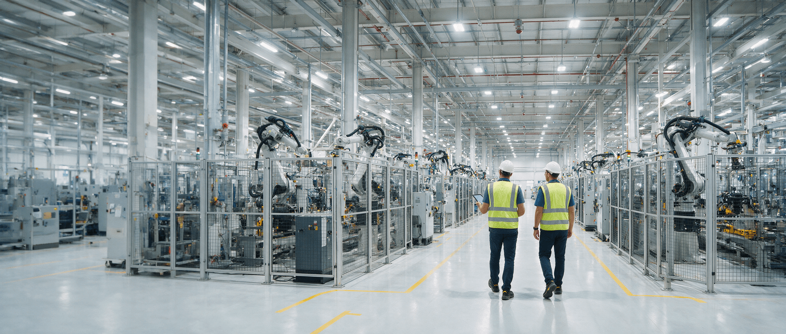 Illustrative environment — engineers walking a modern production aisle