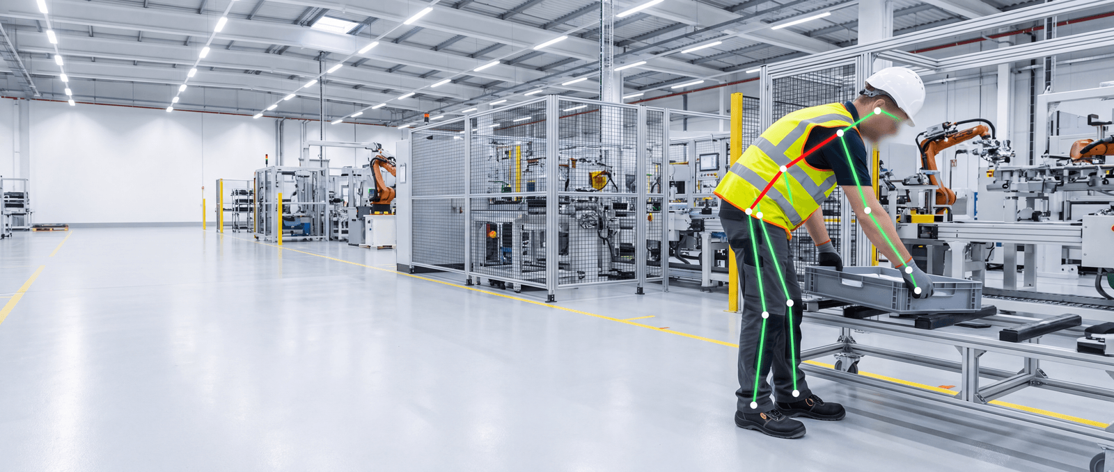Illustrative environment — modern assembly line with live pose assessment